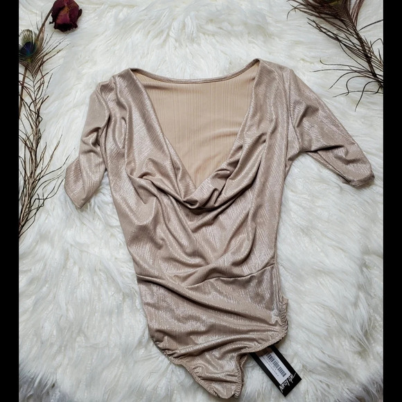 Nasty Gal Nude Metallic Cowl Back Bodysuit - Picture 3 of 6